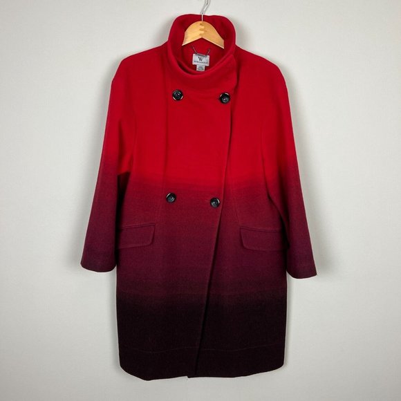 Worthington Dress Coat Womens‎ Large Red Ombre Wool Blend Long Double Breasted - Picture 1 of 15